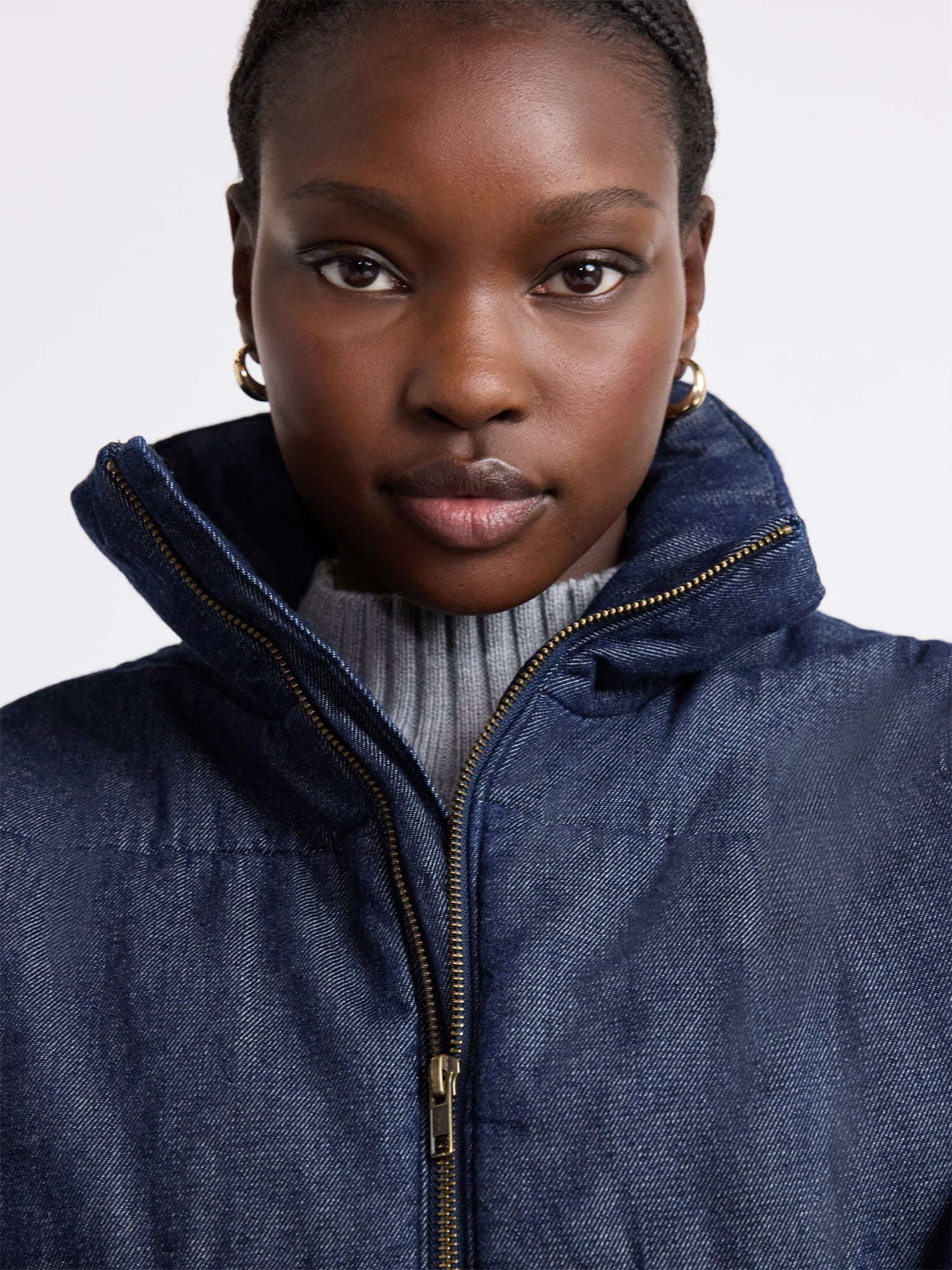 Free Assembly Women's and Women's Plus Short Denim Puffer Jacket, Sizes XS-4X