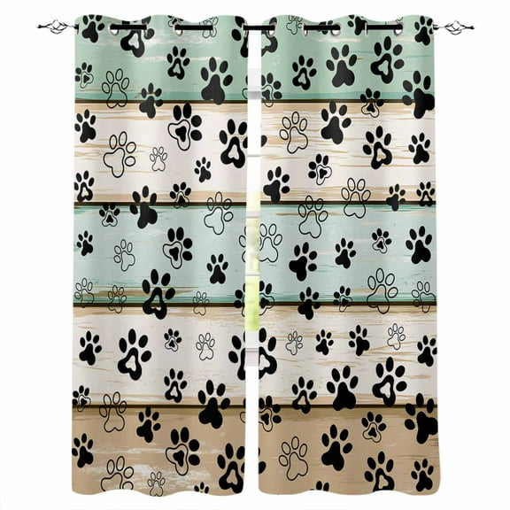 Fsddascl Teal Brown Paw Print Blackout Curtains for Bedroom/Living Room, Thermal Insulated Kitchen Curtains, Vintage Farmhouse Wooden Grain Grommet Darkening Window Treatment Drapes 42"x54"x2