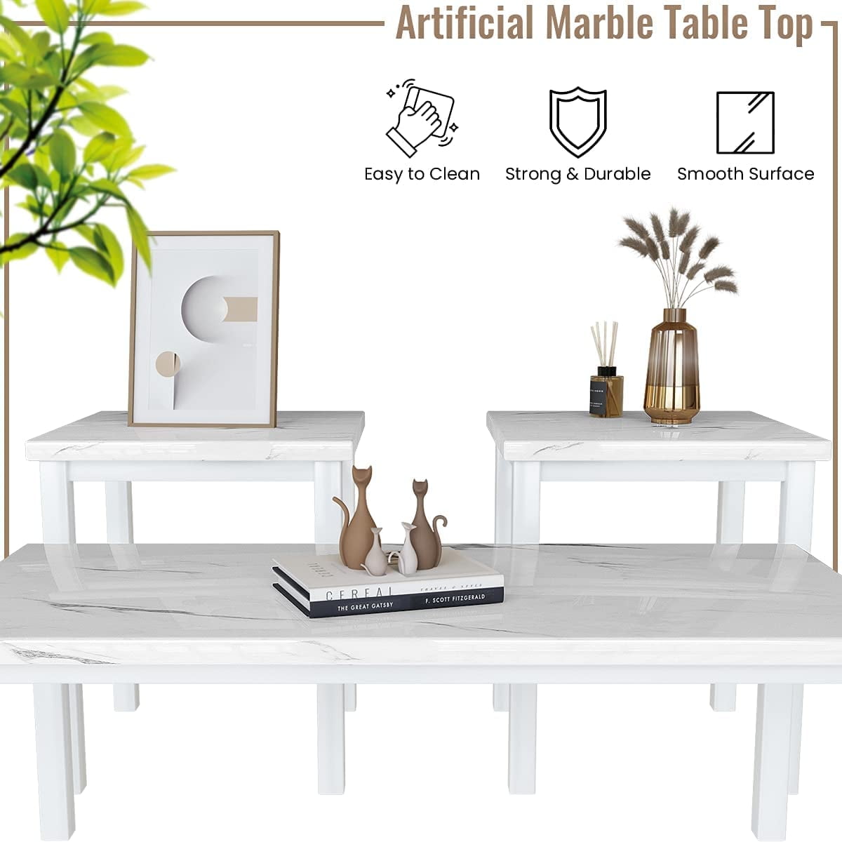 Baxluxe Marble coffee table set, modern style coffee table set of three, with two white marble side tables and a marble center table, suitable for living rooms and apartments, white