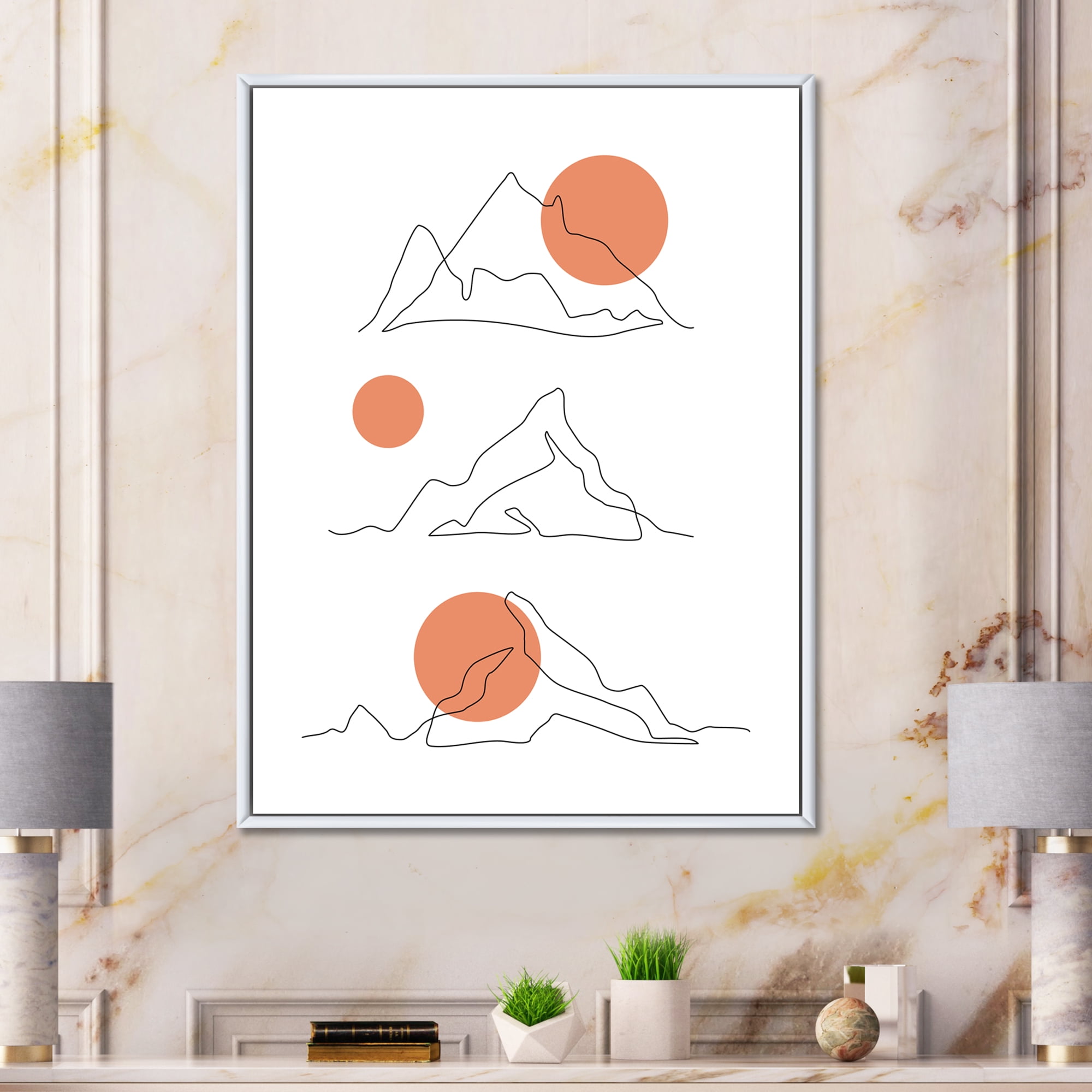 Designart 'Abstract Red Moons With Mountain Range' Modern Framed Canvas Wall Art Print