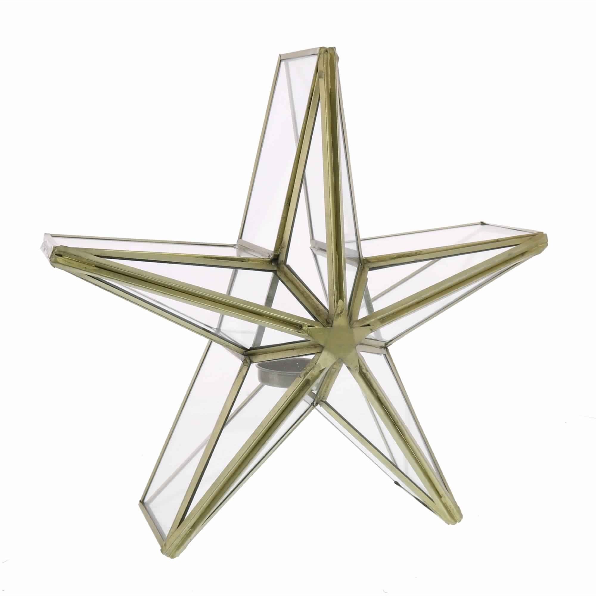 Star Shaped Metal and Glass Frame Candleholder, Small, Gold and Clear