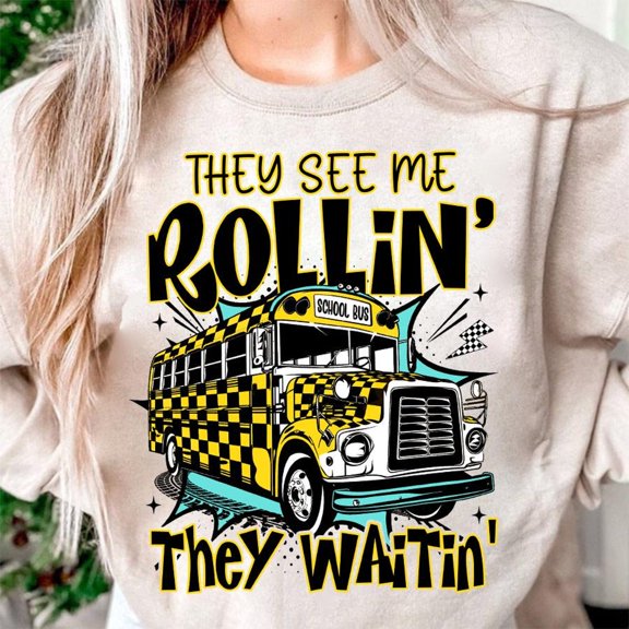 They See Me Rollin’ They Waitin’ Sweatshirt, School Bus Driver Back to School Pullover, Checkered School Bus Shirt