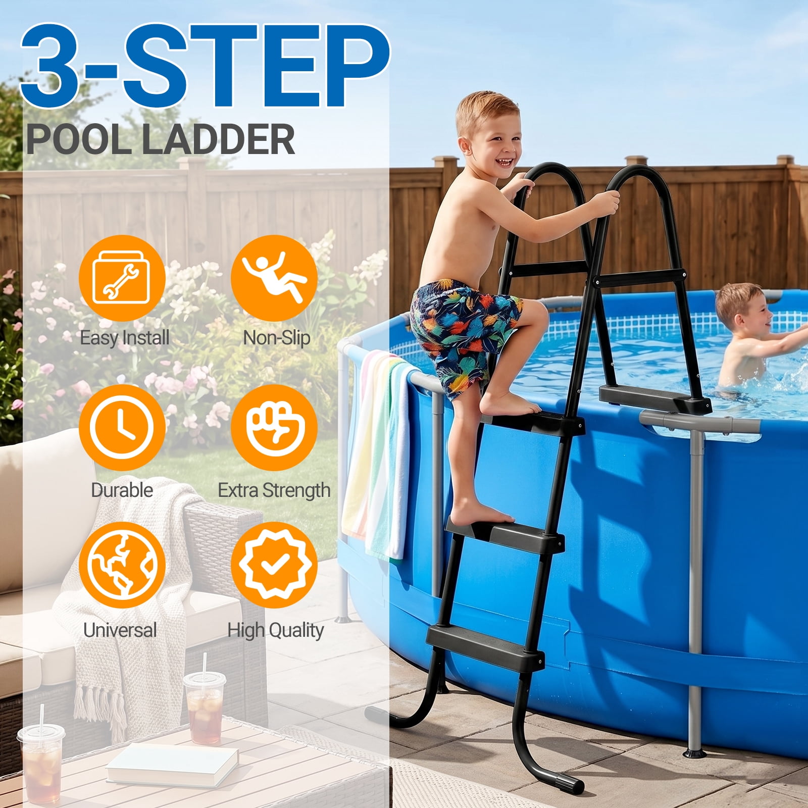 Ktaxon 3-Step 43" Steel Above Ground Pool Ladder, Heavy Duty Non-Slip, Black