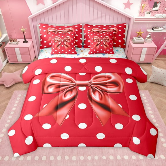 Manfei Cartoon Red Bowknot 7-Piece Twin Bedding Sets for Female Girls Child,Polka Dots Bedding Comforter Set,Kawaii Bow Tie Breathable Sheet Sets,Super Cozy Room Decor,Reversible