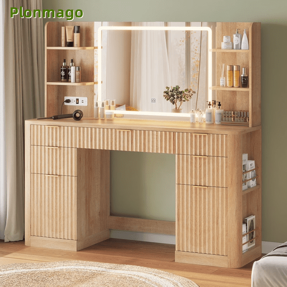 Plonmago Vanity Desk with Large Mirror and Lights, 5 Drawer Vanity with Power Strip, 6 Open Shelves, 2 Cabinets, Modern Dressing Table with Solid Wood Legs for Bedroom, 51.2" Fluted Makeup,Oak