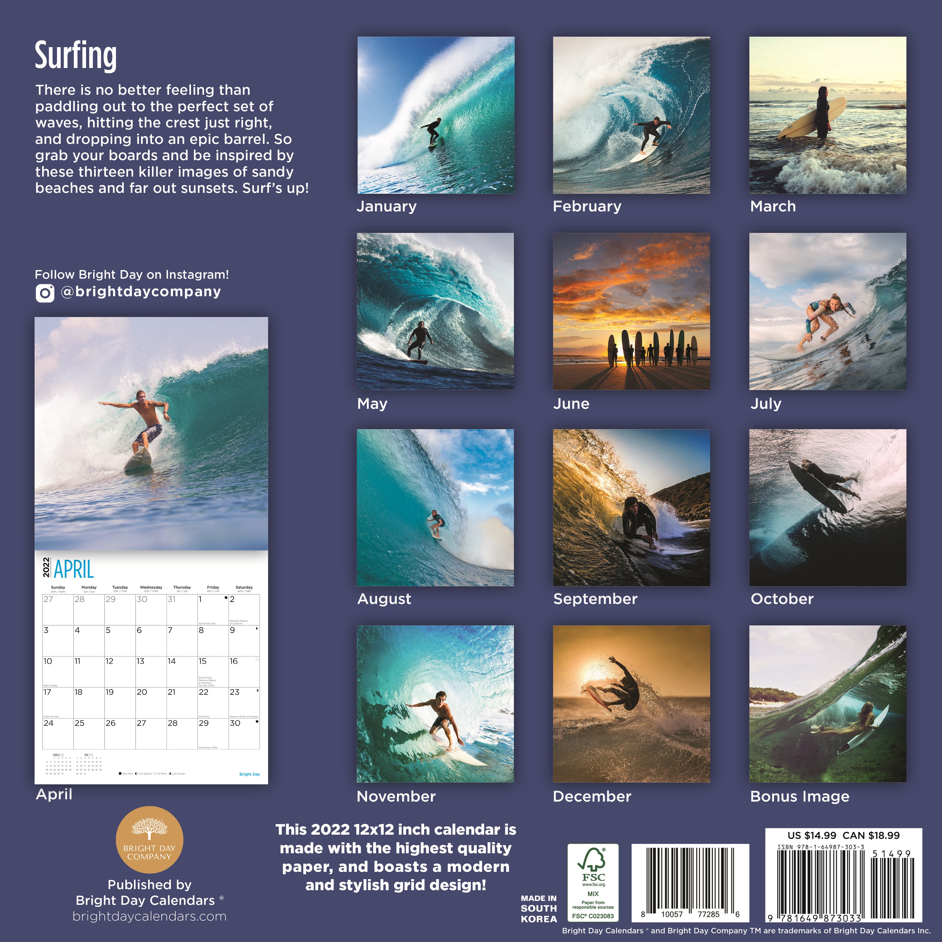 Board sports surfing 2021 Global SURF Calendar 12"x12"