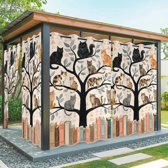 Outdoor Waterproof Patio Curtain 84" Length-1 panel,Cute Cats on Tree Books Outside Privacy Curtains Blackout Grommet Drapes for Porch Pergola,Leaves Geometric Triangle