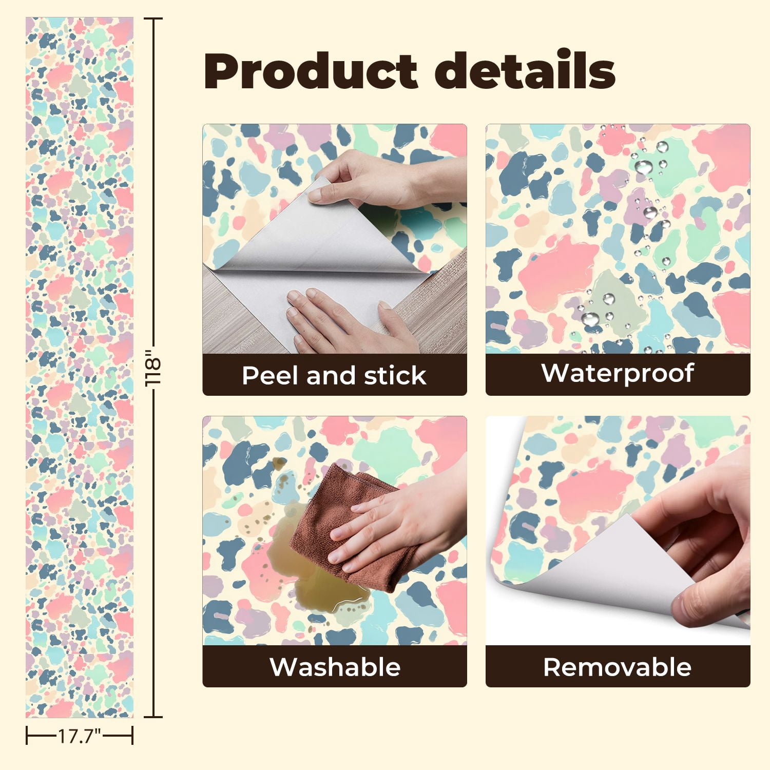 Peel and Stick Wallpaper Pastel Abstract Colorful Blotchy Cream Wall Mural 17.7in x 9.8ft Self Adhesive Removable Wall Paper Renter Friendly Wallpaper for Bedroom
