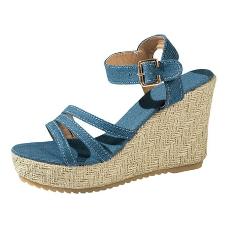 

Yzengfg Thick Soled Wedge Heel Round Toe Buckle Strap Denim Blue Wedge Heel Sandals Fashionable Women s Sandals Cute Colorful Sandals for Women