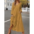 thumbnail image 4 of Women'S Boho Cotton Maxi Dress V-Neck Long Sleeve Flowy Beach Dress with Pockets and Buttons Yellow-Brown XL, 4 of 9