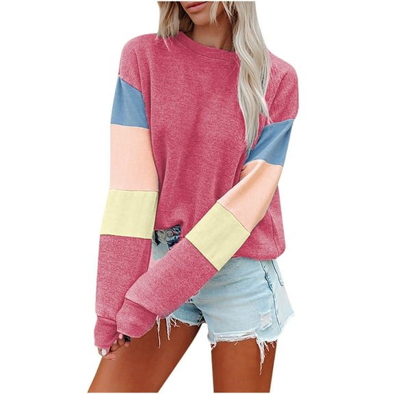 Annhoo Fall Sweatshirts for Women Trendy Color Block Long Sleeve Crewneck Pullover Casual Loose Crop Shirts