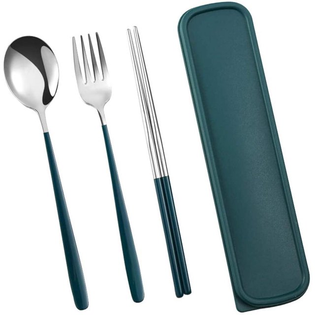 Juego de cubiertos de acero inoxidable Cuchara reutilizable Palillos Tenedor Cubiertos portátiles Utensilios Vajilla de estilo coreano Tenedor Cuchara Palillos con estuche para acampar Picnic Oficina