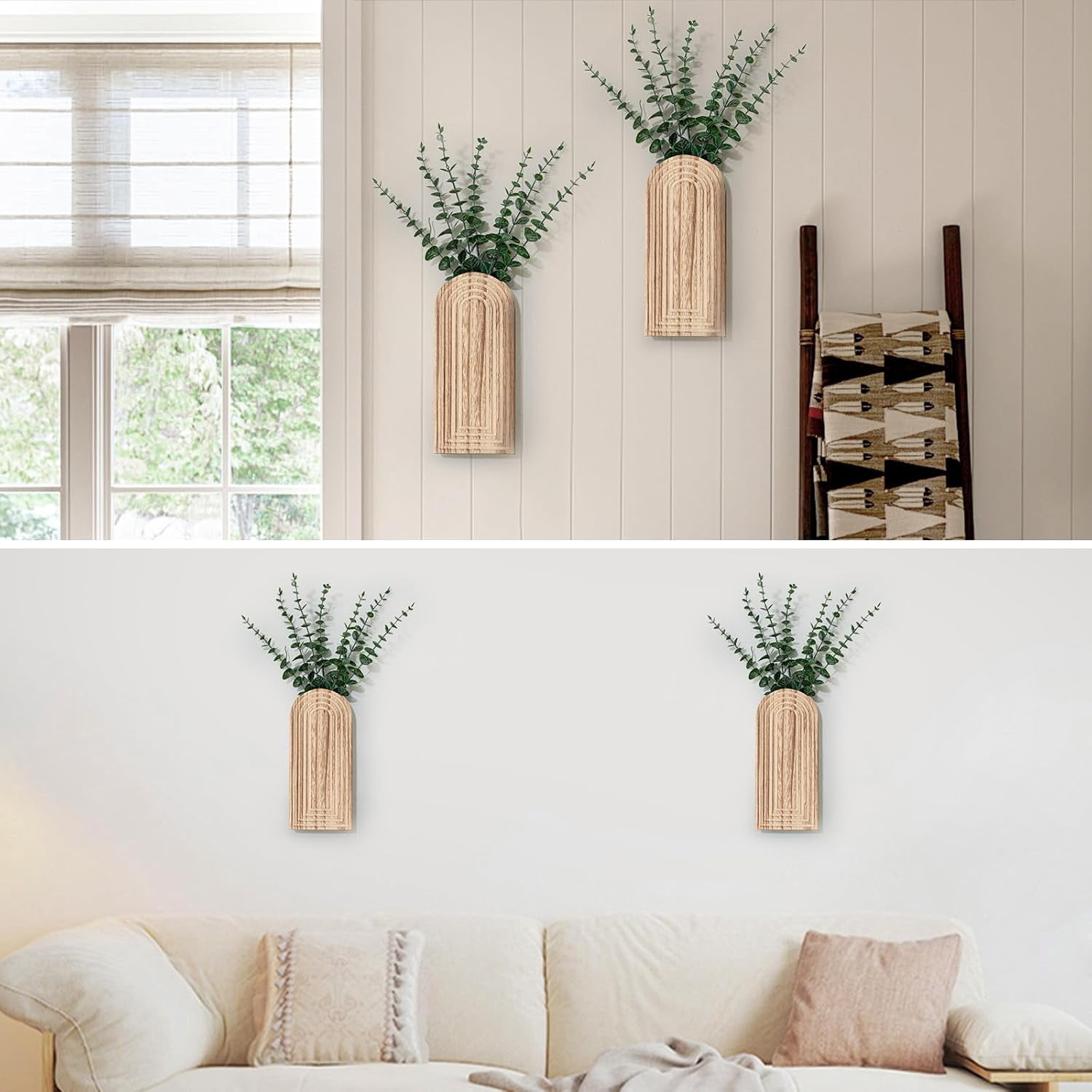 Wooden Wall Planter Vase Set of 2, Boho Hanging Planter for Indoor Plants & Flowers, Natural Wood Wall-Mounted Planters for Art Home Decor - Living Room, Bedroom, Bathroom, Patio