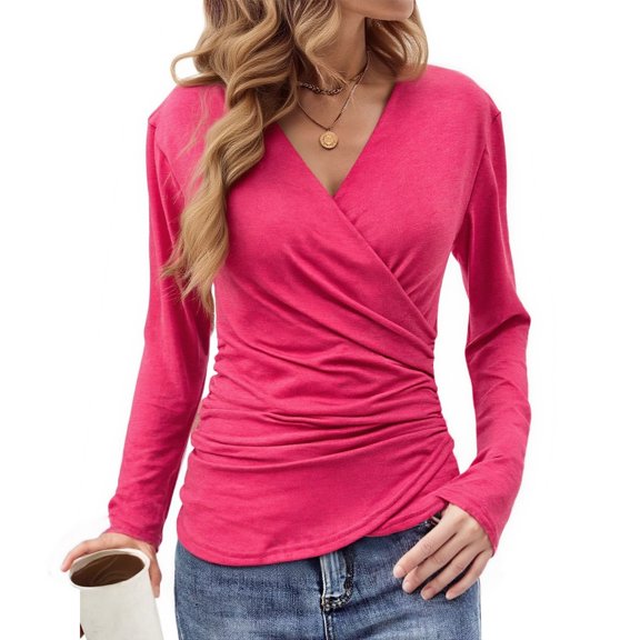 Women's wrap-around long-sleeved blouse with pleats and a V-neck, bodycon dress