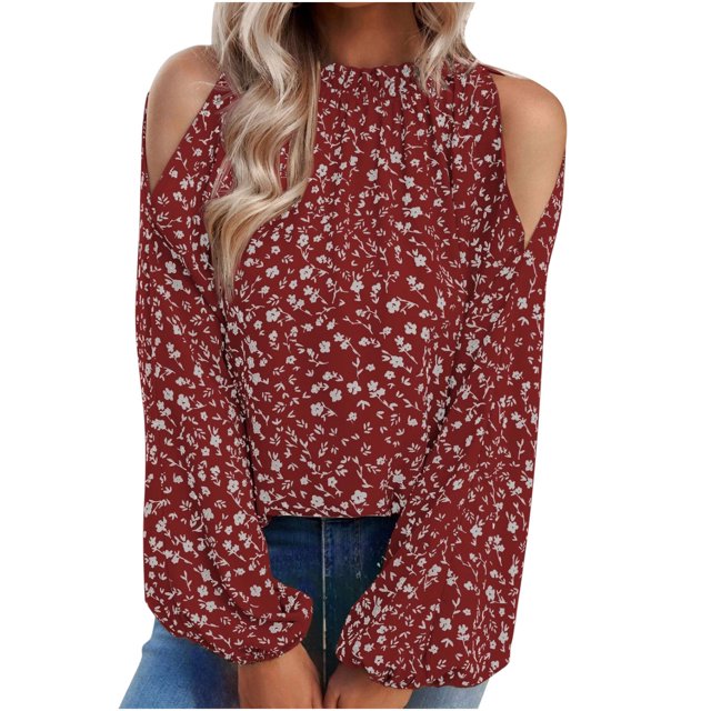 IROINNID en Solde T-Shirt à Manches Longues en Polyester pour Femmes Confortable Été Imprimé Floral Col Rond Épaules Dénudées Blouses Amples, Rouge