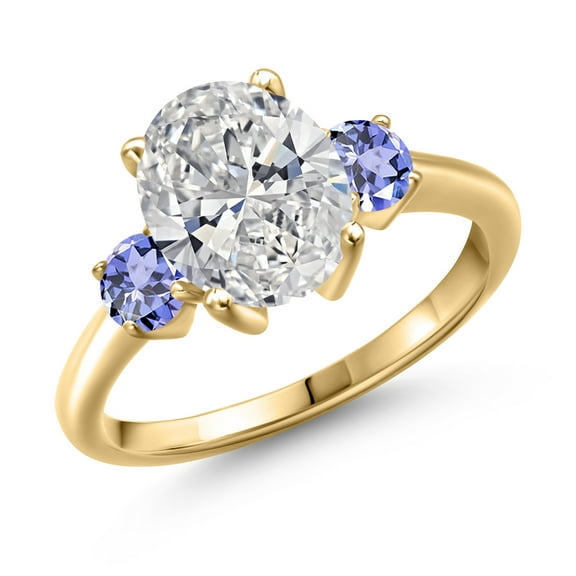 2.60 cttw IGI Certified Lab Grown Diamond and Blue Tanzanite 3-Stone Engagement Ring for Women | 18K Yellow Gold Plated Silver | Center 2.00 Ct Diamond | E-F Color | VS1-VS2 Clarity | Size 7
