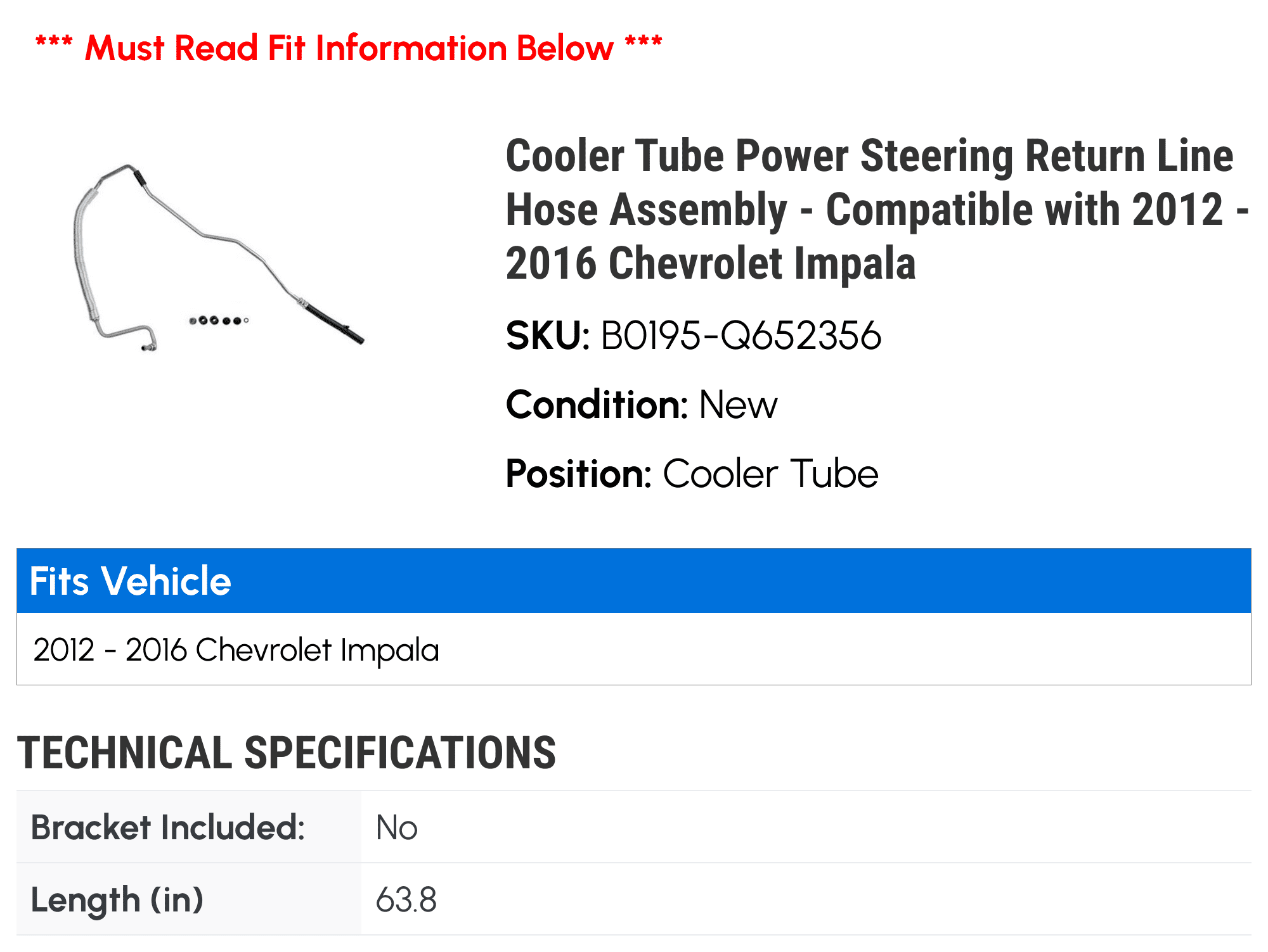Cooler Tube Power Steering Return Line Hose Assembly - Compatible with 2012 - 2016 Chevy Impala 2013 2014 2015