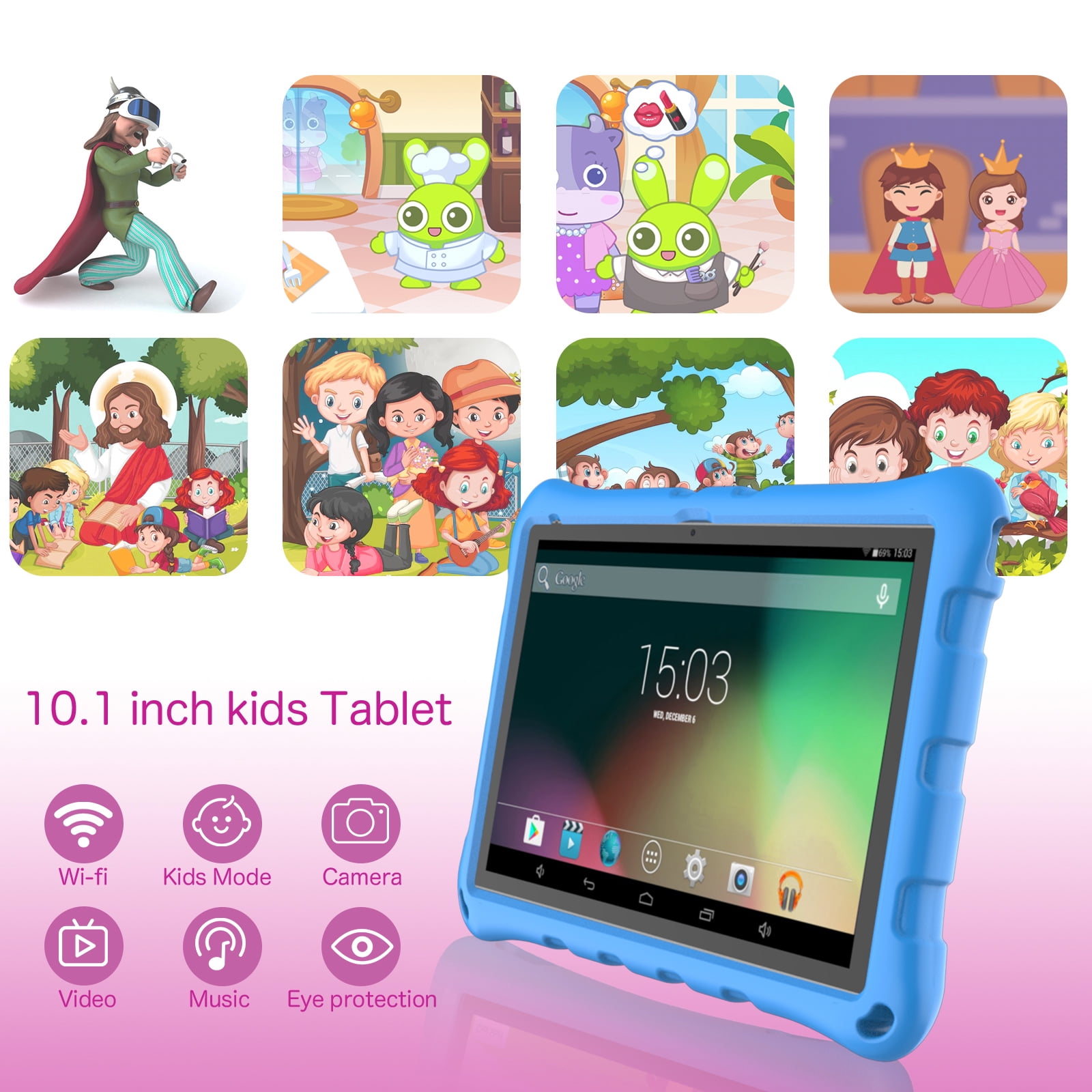 Kids Tablet 10 inch, Android 12 Tablets for Kids 32GB ROM 512GB Expand, Parental Control Toddler Tablet, GMS Certified, Kids Software Pre-Installed, WiFi, Dual Camera,with Shockproof Case