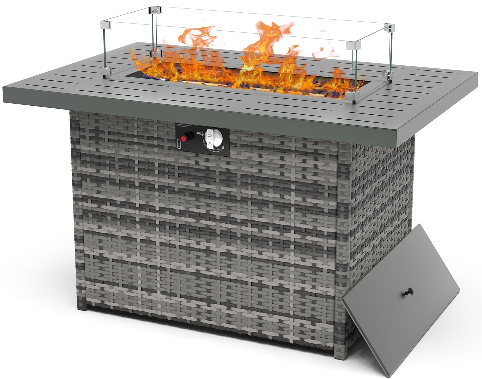 44" Propane Gas Fire Pit Table, 55000 BTU Rectangular Fire Pit with Glass Wind Guard for Outside Patio Deck Garden Backyard