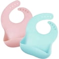 thumbnail image 1 of Paquete de 2 baberos de silicona para bebé, babero impermeable para alimentación de bebés, baberos de goma ajustables con bolsillo para recoger alimentos para niños pequeños, verde y rosa, 1 of 5