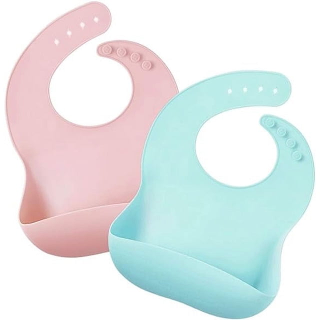 Paquete de 2 baberos de silicona para bebé, babero impermeable para alimentación de bebés, baberos de goma ajustables con bolsillo para recoger alimentos para niños pequeños, verde y rosa