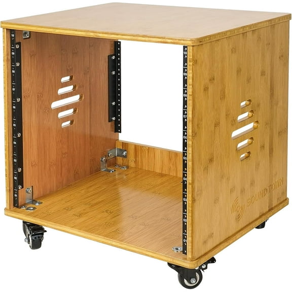 Sound Town DIY 10U Solid Bamboo Studio Rack - 16" Depth, Ventilation, with Rubber Feet, Casters and Front/Back Rails (STBR-10UW)