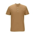 thumbnail image 3 of Men's Linen Shirt Stand Collar Henley Tees Short Sleeve Casual Summer Tops Solid Color Golf Beach Travel Outfit (L, Gold), 3 of 8