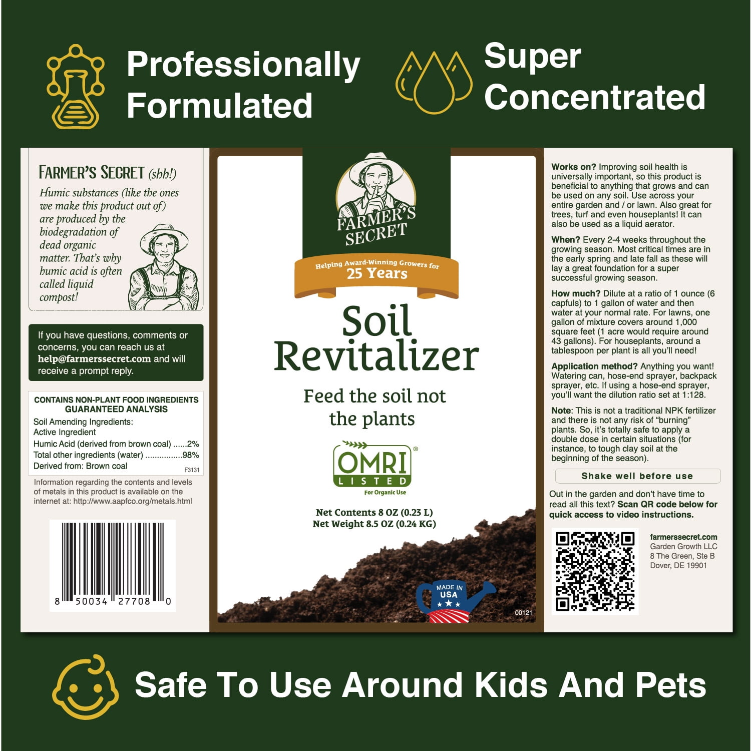 Farmer’s Secret Soil Revitalizer (32oz) - Organic (OMRI Listed) Soil Microbe Booster - Liquid Compost Soil - Great for Spring Application - Activated Humic Acid