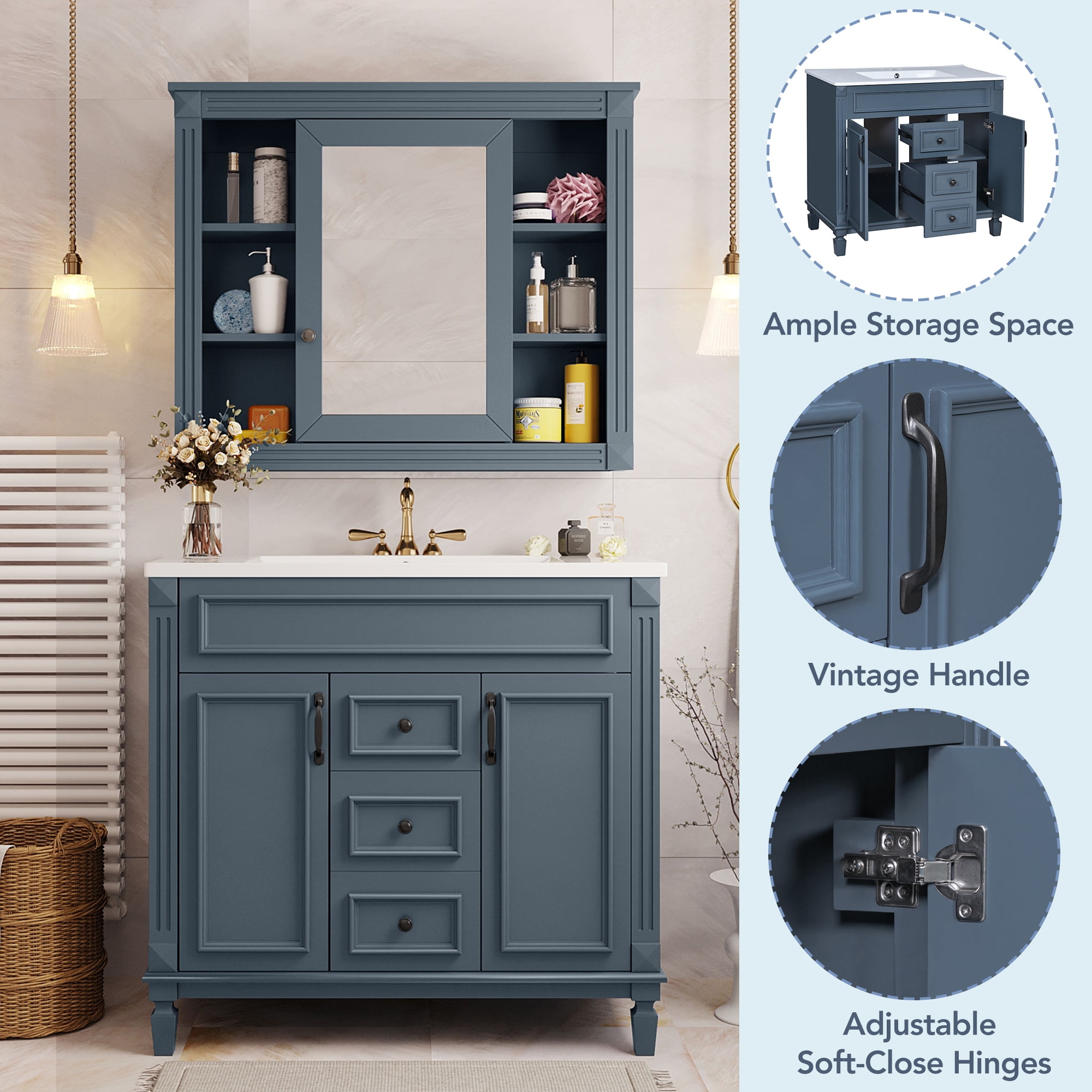 EUROCO 36" Bathroom Vanity with Top Sink, Royal Blue Mirror Cabinet, Modern Bathroom Storage Cabinet with 2 Soft Closing Doors and 2 Drawers, Single Sink Bathroom Vanity