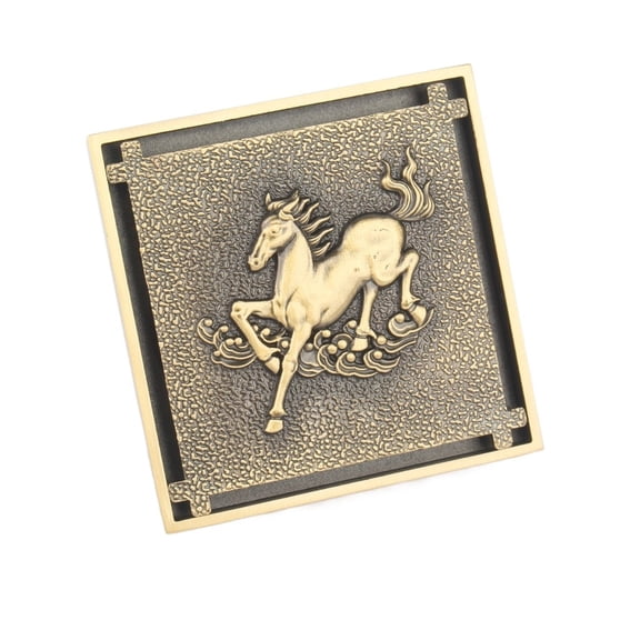 Square Shower Drain 4 Inch, Vintage Horse Pattern Brass Floor Drain with Removable Grate Cover Hair Strainer for Bathroom