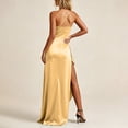 thumbnail image 4 of Women Spaghetti Strap Satin Maxi Evening Gown, Cowl Neck Ruched Bodycon Long Dress With High Side Slit, Elegant Formal Prom Wedding Guest Cocktail Party Dress Yellow,L, 4 of 6