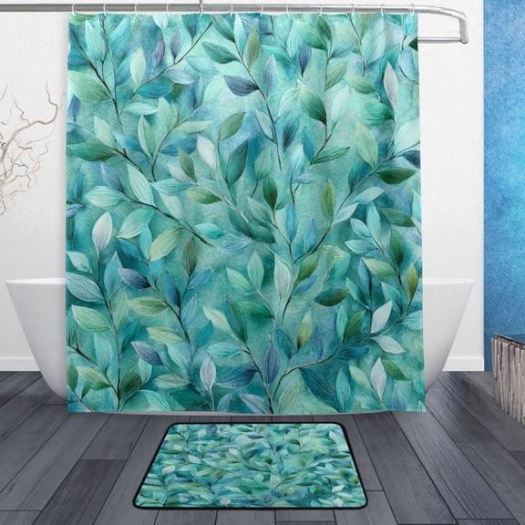 TTYFWHD 60" x 72" Shower Curtain and Bath Mat Set Teal Leaves and Vines Waterproof Bathroom Curtain with 12 Hooks, Bathroom Decor Set