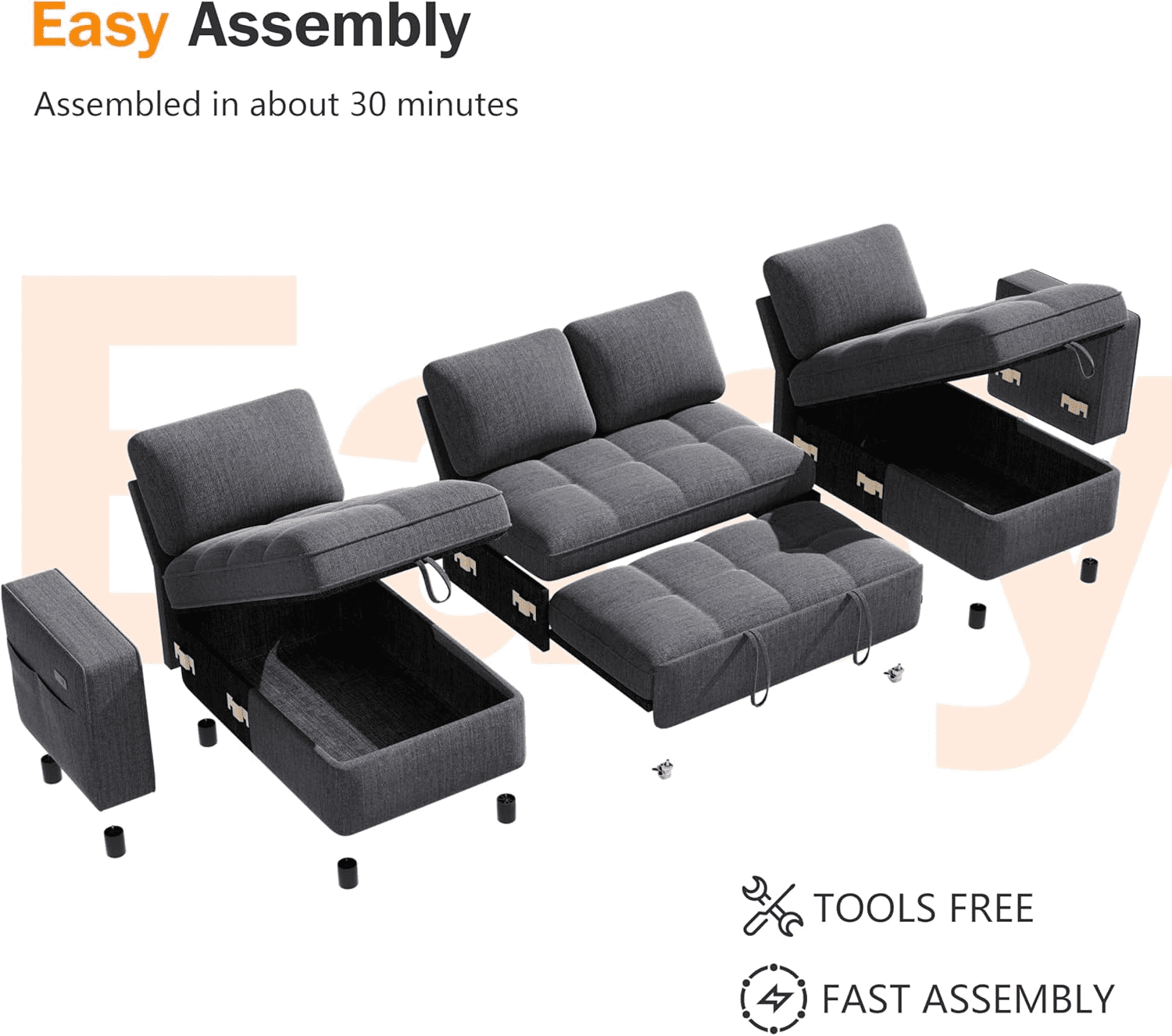Sunny Heart Modular U - Shaped Chenille Sleeper Sofa with Pull - Out Bed, USB Ports, Adjustable Backrest & 2 Storage Seats, Tool - Free Assembly, Dark Grey for Living Room