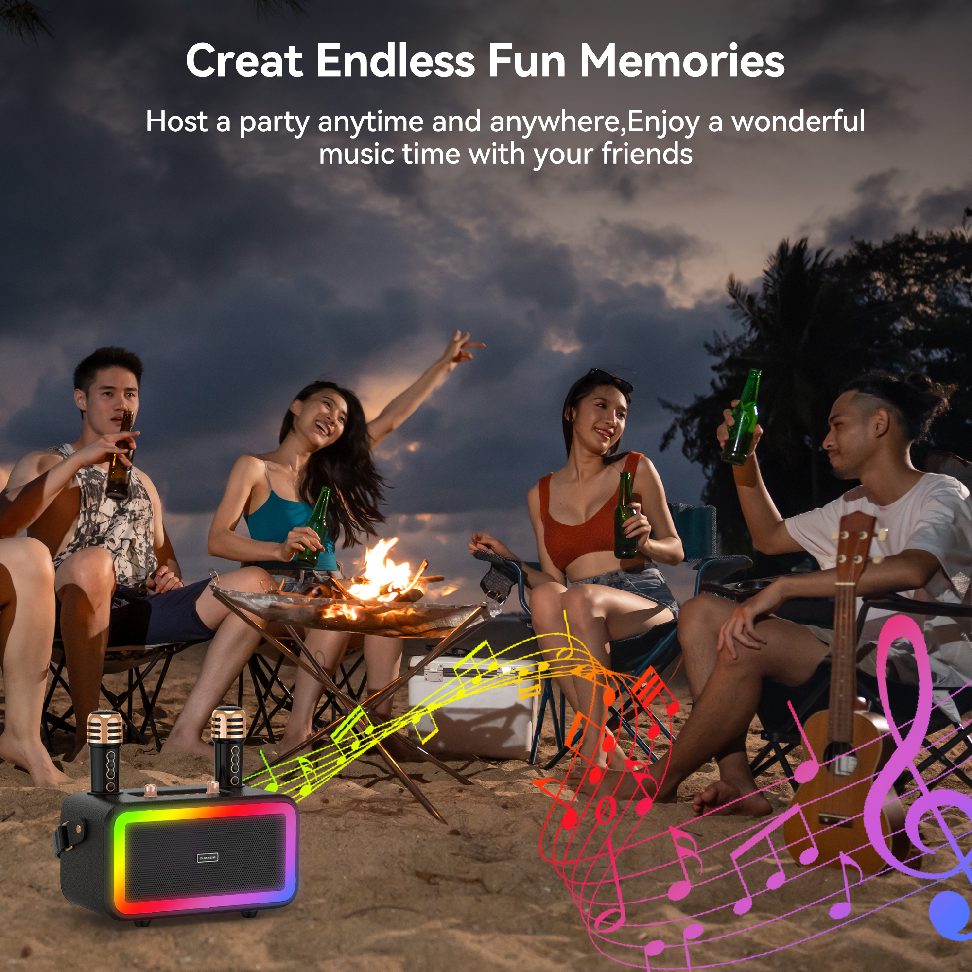 BIGASUO Portable Karaoke Machine, 2 UHF Wireless Mics photo 6