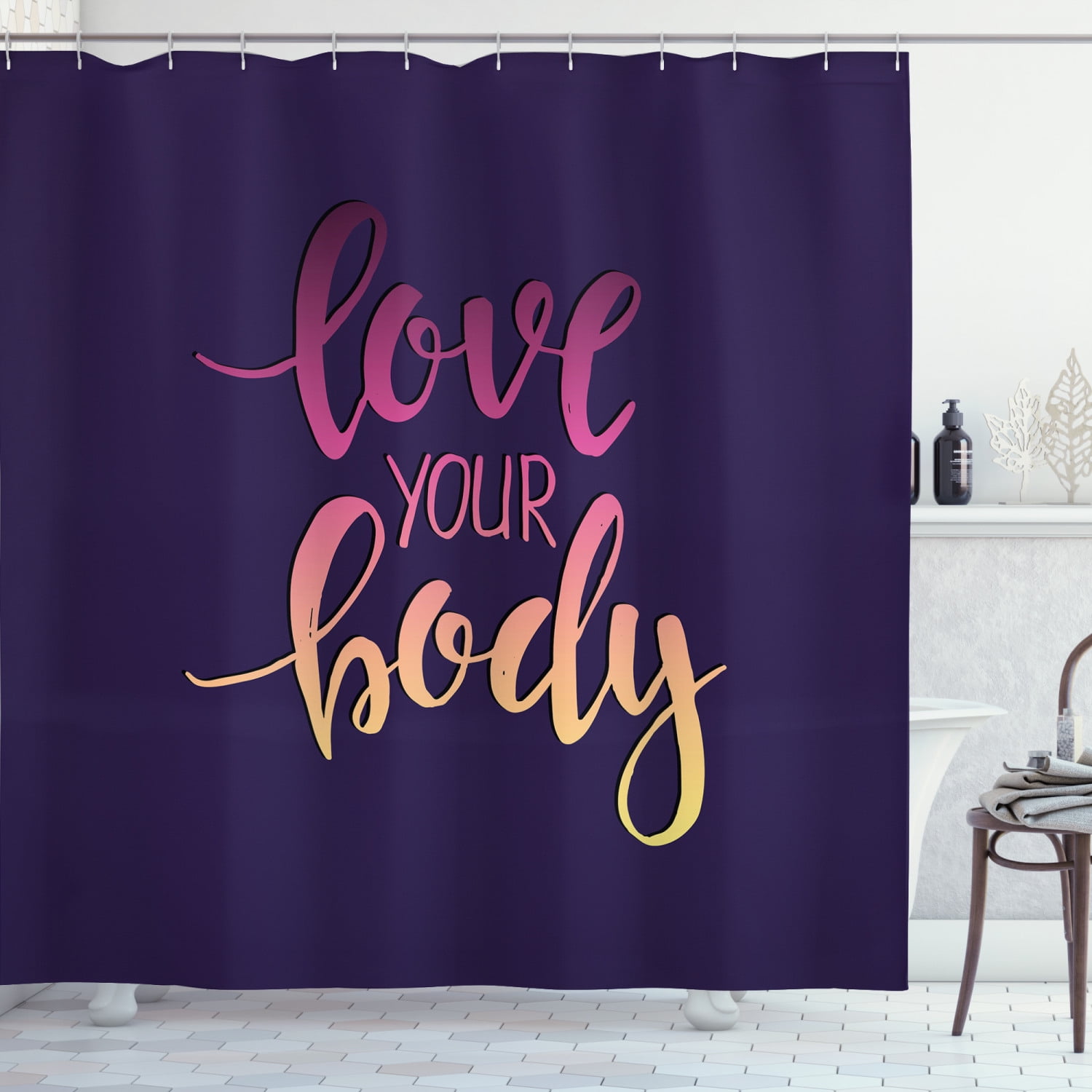 Fitness Shower Curtain, Love Your Body Hand Drawn Typography