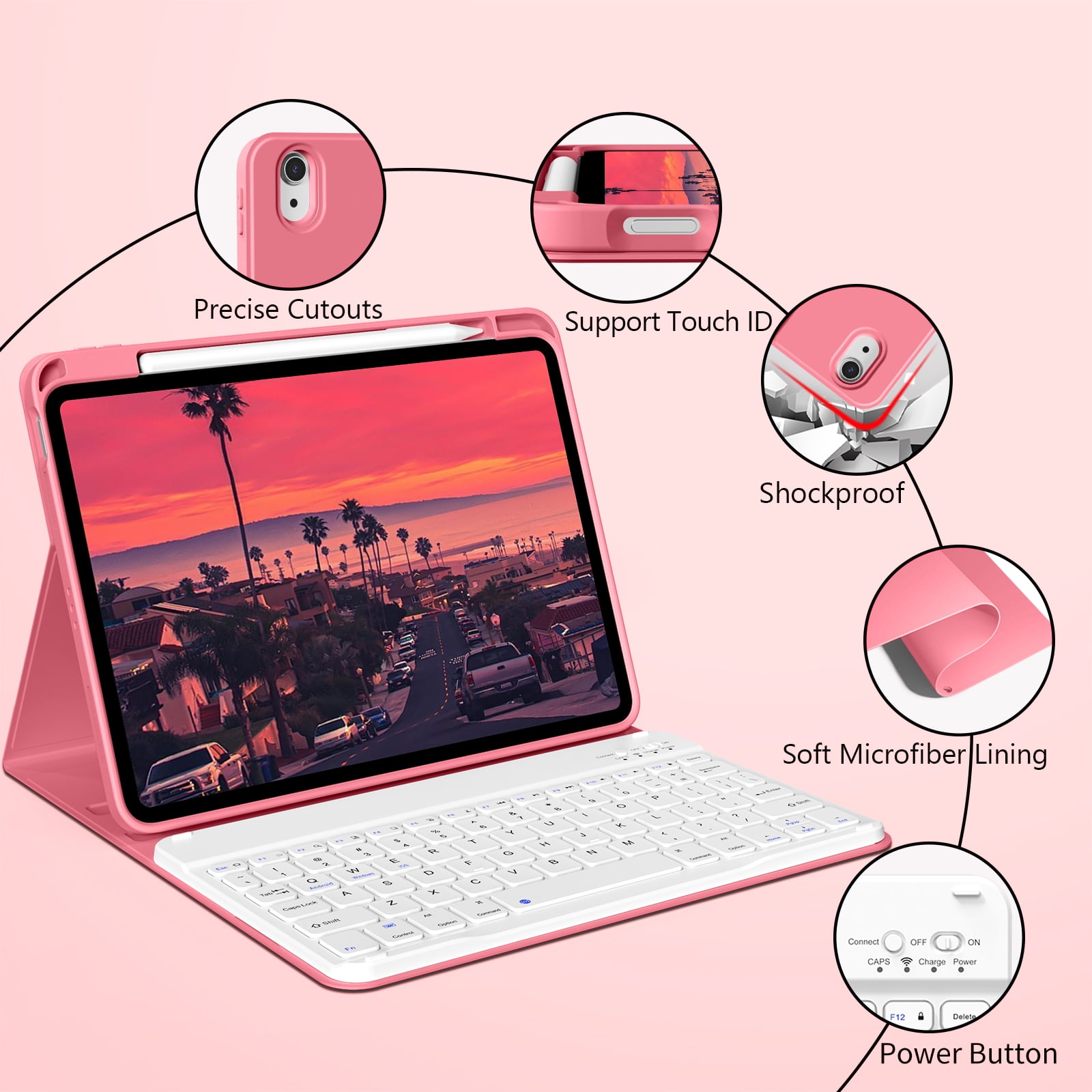 Kenke Case for iPad (A16) 11th Generation 11 inch 2025 with Keyboard,iPad 10th Generation 10.9 inch 2022 Detachable Bluetooth Keyboard Rechargeable,with Pencil Holder,Soft TPU Back Cover,Pink Red