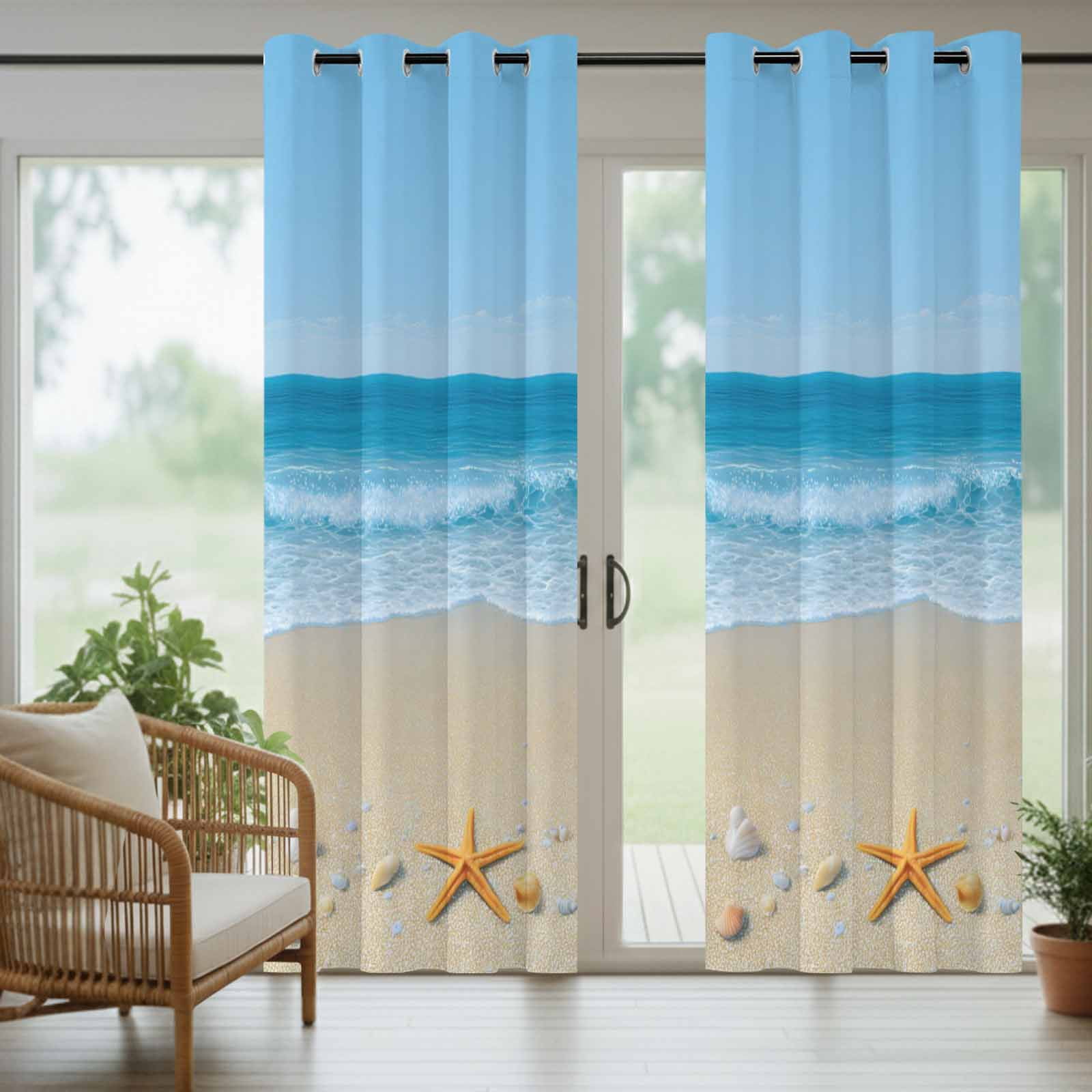 Summer Beaches Outdoor Curtains for Patio, Oceans Shells Starfish Conch Coastal Landscape Sunshade Privacy Drapes Grommet Waterproof Outside Curtains for Porch/Cabana/Balcony 54"x 108", 1 Panel