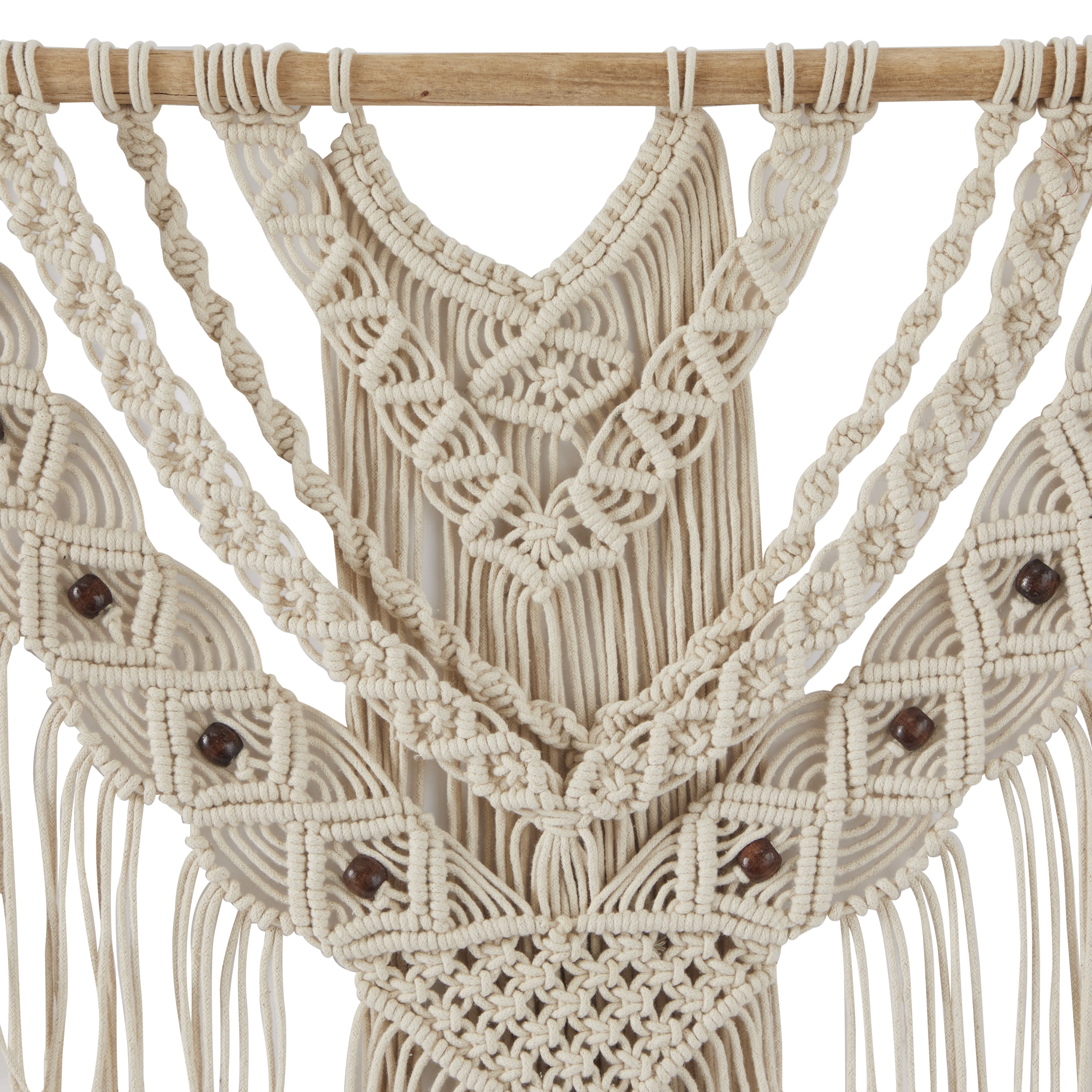 DecMode Cream Cotton Intricately Weaved Macrame Wall Decor with Beaded Fringe Tassels