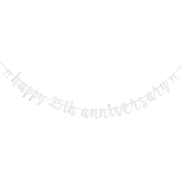 Silver Glitter Happy 25th Anniversary Banner, Pre-Strung Wedding Party Decoration