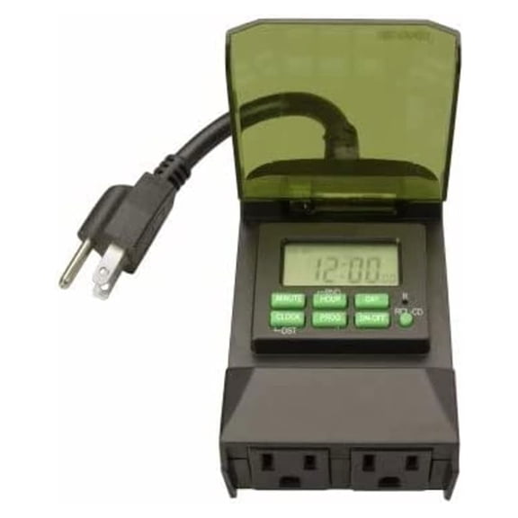 Open Box Woods 0.5 Horsepower Heavy Duty 7 Day Digital 2 Outlet Timer, Black