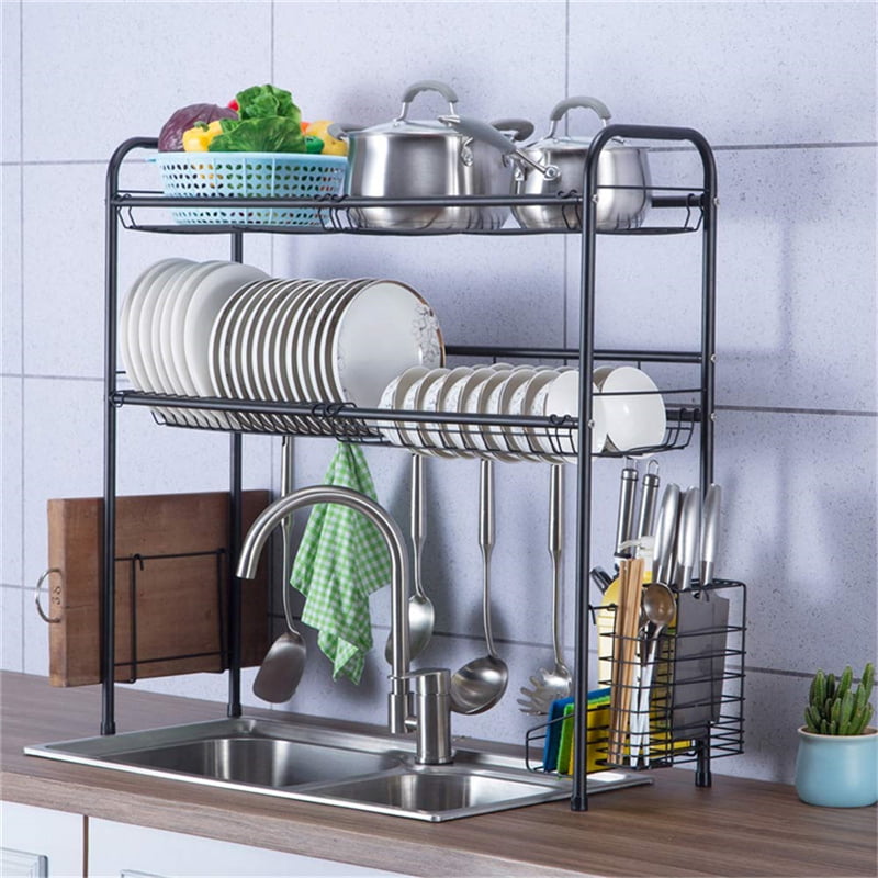Over Sink Dish Drying Rack 2-Tier Stainless Steel Cutlery Drainer Kitchen Shelf 