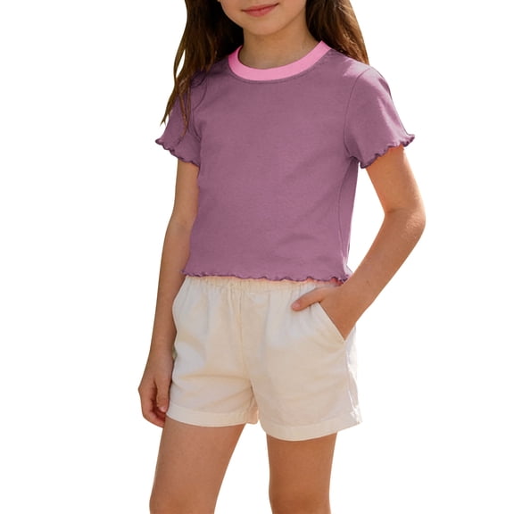 Cethrio Girls Cotton T-shirts, Crew Neck Color Block Short Sleeve Casual Summer Tops Kids Tees Purple Size 10-12