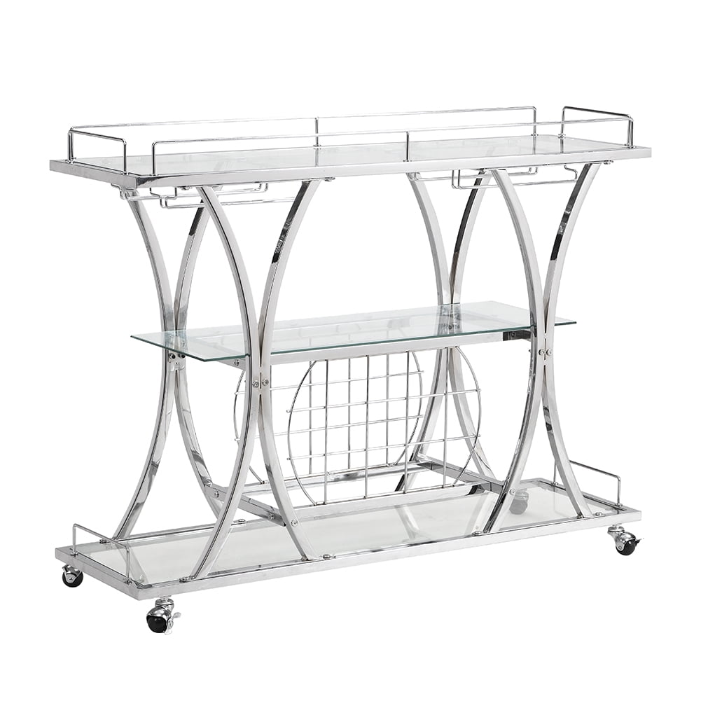 Private Jungle Contemporary Chrome Bar Cart with Wine Rack Silver Modern Glass Metal Frame Wine Storage,Silver Private Jungle Contemporary Chrome Bar Cart with Wine Rack Silver Modern Glass Metal Frame Wine Storage,Silver