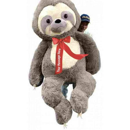 Personalized Giant Stuffed Sloth has Red Satin Ribbon Bow Around Neck that You Design, Big Plush® Huge Stuffed Animal Measures 7 Feet Tall 84 Inches Soft 213 cm