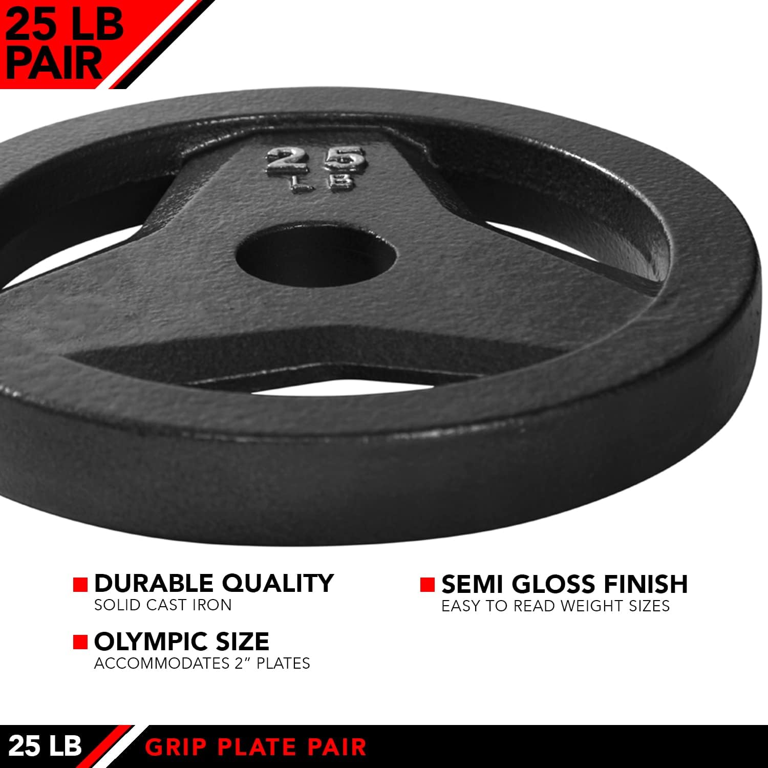 JFIT Cast Iron Olympic 2-Inch Grip Plate for Barbell, Set of 2 Plates, 25 LB