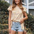 thumbnail image 3 of Mujeres floral manga corta camisa ruffle cuello redondo flor impresión mujer ruffle camisa superior para verano albaricoque S, 3 of 5