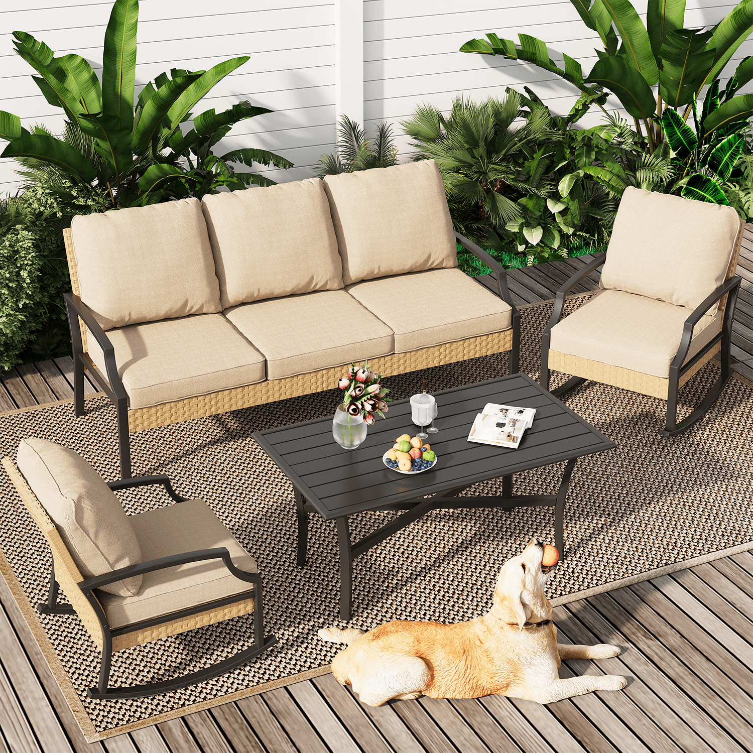 AECOJOY Patio Furniture Sets On Sale,Metal Outdoor Furniture Sets Clearance,Wicker Rattan Patio Conversation Sets For Porch, Garden and Backyard,Beige