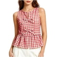 thumbnail image 3 of cocolona Womens Summer Linen Tank Tops Plaid with Crew Neck Front Lace-up Sleeveless Pleated Shirts Trendy Casual Blouses, 3 of 4