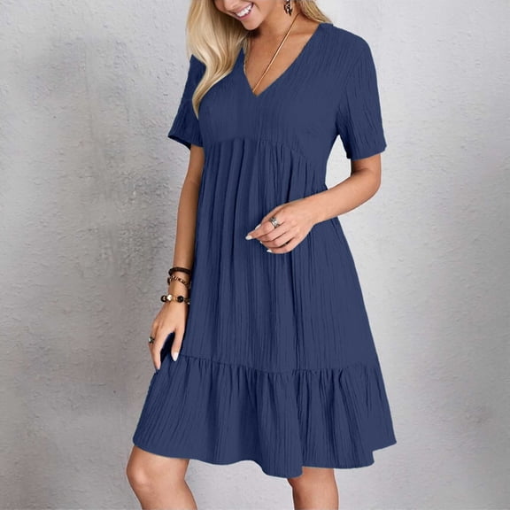 Women's Summer Casual Dress V Neck Flowy Loose Fit Ruffle Hem Tiered Swing Midi Beach Trendy 2025 Outfits