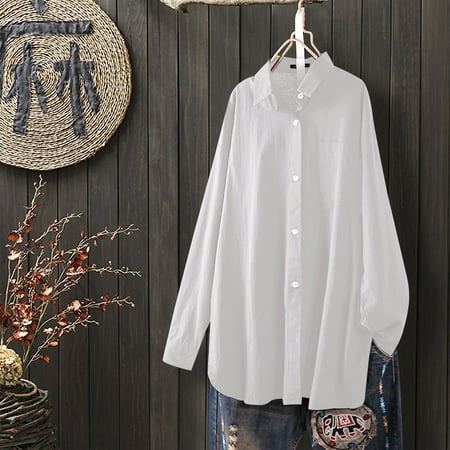 Women Fashion Loose Korean Cotton Casual Shirts Full Sleeve Blouse Top ...